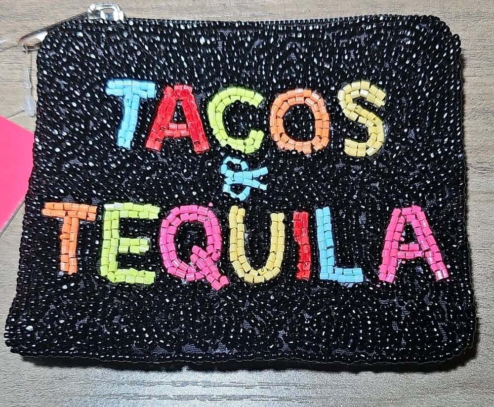 Bacci Beaded Zip Coin Wallet Pouch "Tacos & Tequila" Black Multicolor